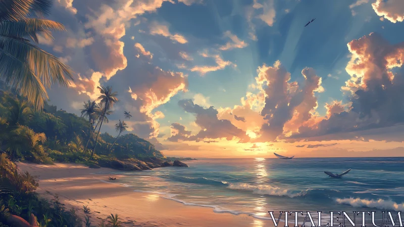 Golden tropical shoreline glowing in soft sunset light.