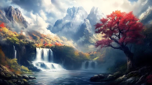 Autumn waterfalls cascade below misty snowcapped peaks.