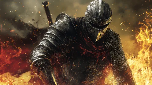 Burnished knight striding through cinematic inferno blaze.