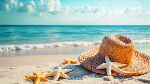 Straw sun hat with starfish on sunlit tropical shoreline.