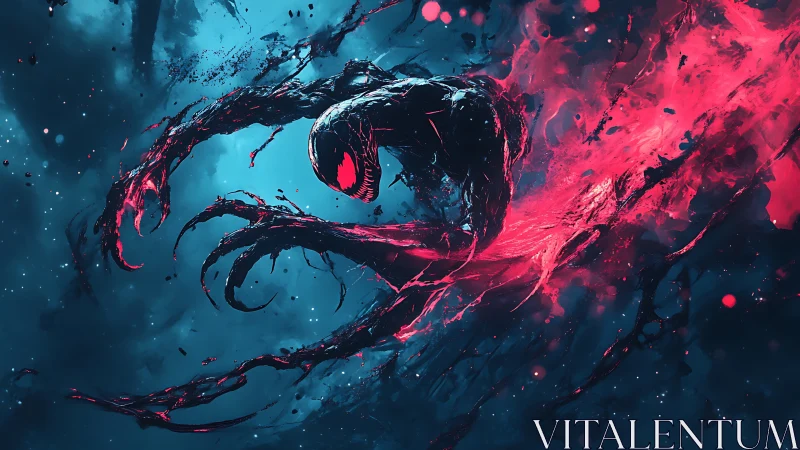 Symbiotic shadow entity tears through neon cosmic void.