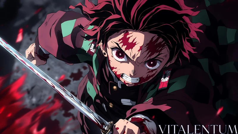 Bloodstained anime swordsman in forward attacking motion.