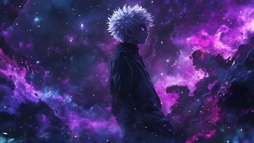 Starlit voidwalker stands beneath roaring violet nebula skies.