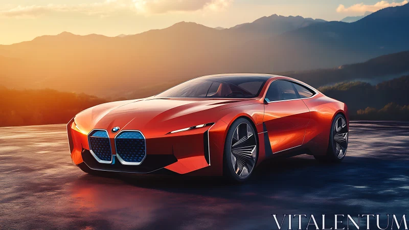 Sunlit red concept coupe with sculpted bodywork at dusk.