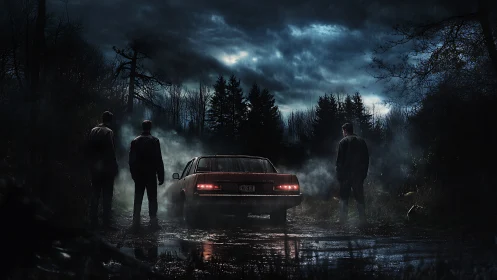 Three men surround car on wet forest road under storm clouds