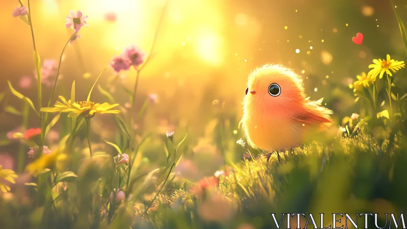 Sunlit baby bird enjoys a dreamy walk through wildflowers