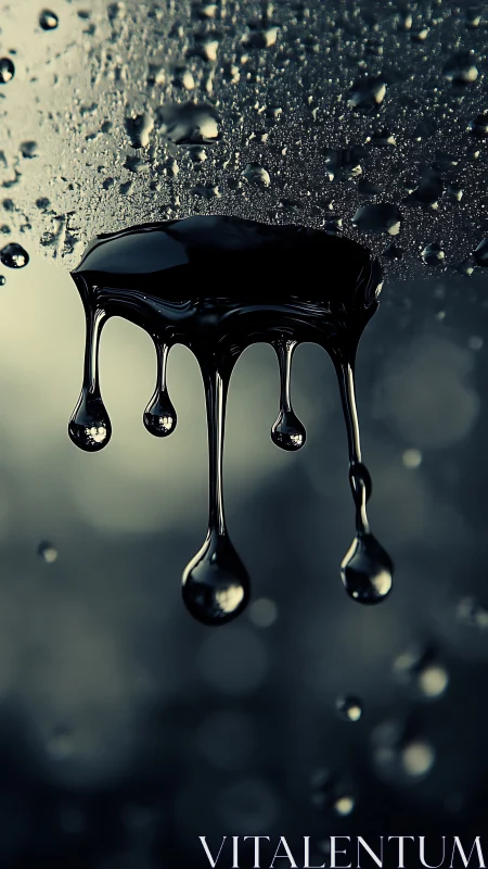 Viscous black droplets hang in moody abstract suspension