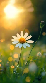 Single daisy in backlit field with soft circular bokeh.