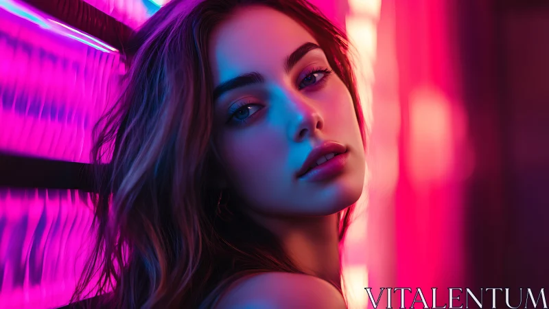 Soft neon portrait bathed in glowing pink and blue light.