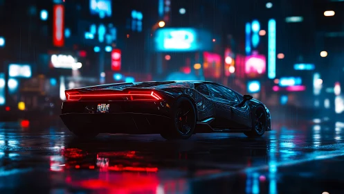 Sleek black supercar glowing under rainy neon city lights.