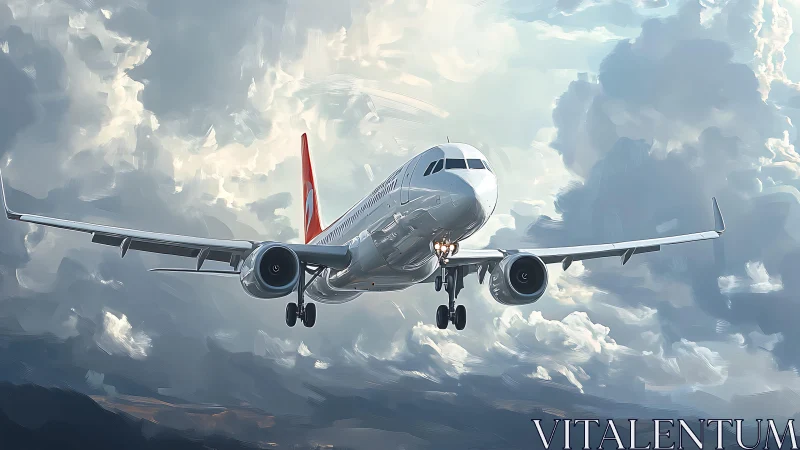 Commercial jet airliner on final approach in cloudy sky.