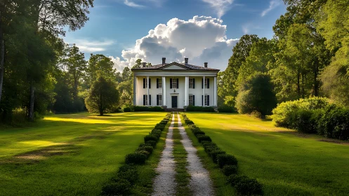 Sunlit country manor stands at the end of a lush green lane.