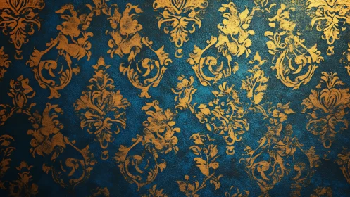 Gold damask pattern over textured teal vintage wall.