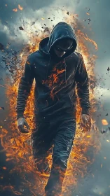Hooded firewalker stepping calmly through swirling flames.