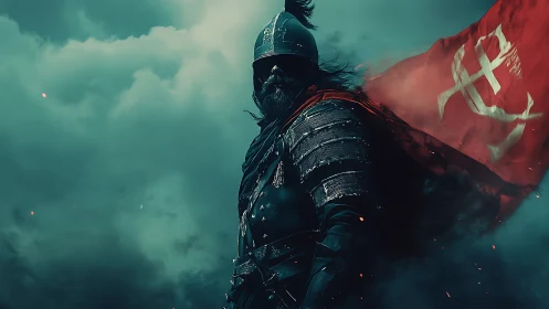 Storm-forged warlord strides through embers and battle fog.