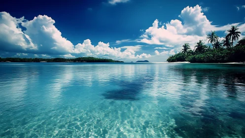 Tropical lagoon panorama with translucent shallows and cumulus sky