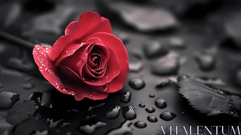 Vivid Red Rose with Water Droplets on Dark Wet Surface.
