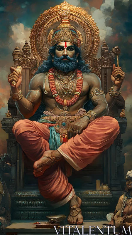 Divine warrior king seated on ornate golden throne.