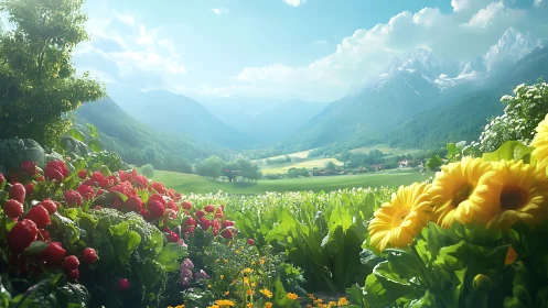 Hyperreal alpine valley garden under soft atmospheric backlighting