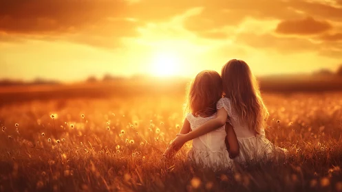 Two Girls Embracing in Golden Sunset Field of Flowers