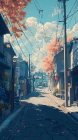 Sunlit anime street drifts softly into a dreamy autumn sky