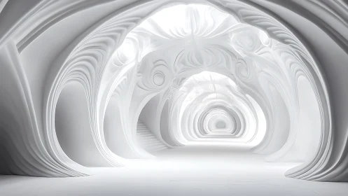 Futuristic white tunnel with sculpted organic arches glows softly.