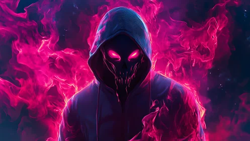 Neon wraith in a hood stalks through ultraviolet embers.
