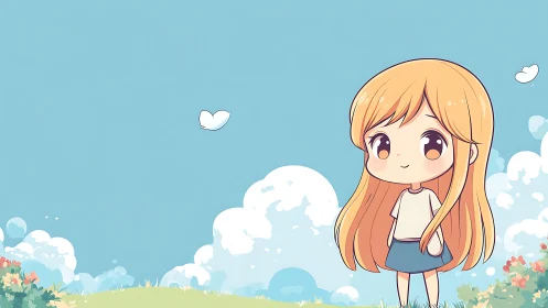 Chibi style girl standing on grassy field under blue sky.