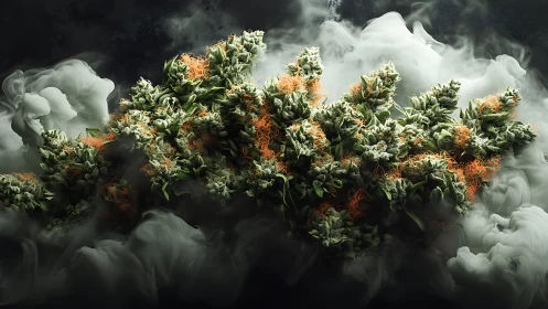 Frosted cannabis buds glow within swirling smoke plumes.
