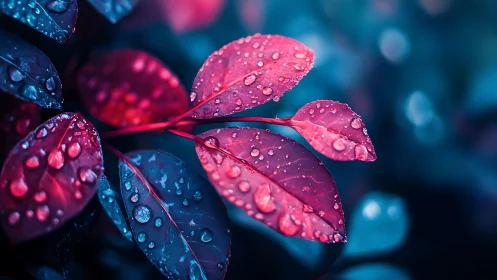 Glowing pink leaves shimmer with raindrops in neon twilight
