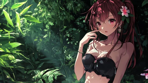 Anime girl in dense backlit jungle with high contrast lighting study