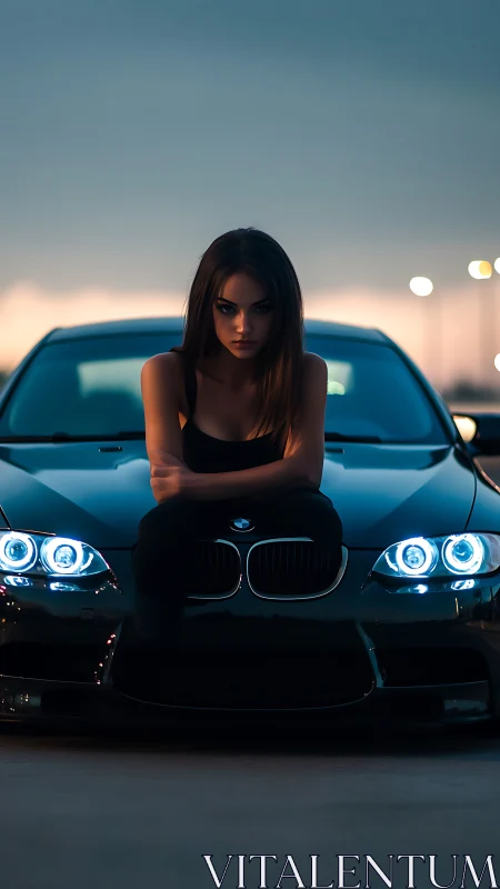 Low-angle portrait uniting model and BMW coupe in dusk lighting