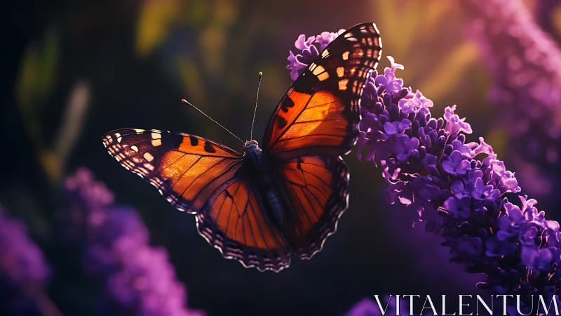 Macro portrayal of monarch butterfly on violet floral arc.