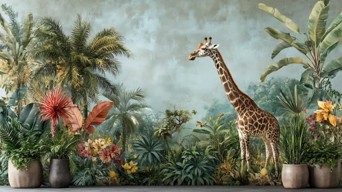 Giraffe among dense tropical plants in stylized jungle scene.