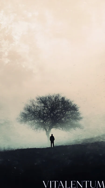 Solitary figure under bare tree in dense morning fog.
