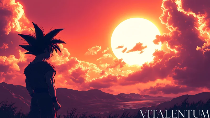 Anime warrior silhouette studies radiant sunset cloudscape