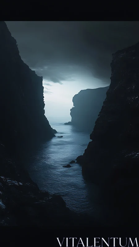 Cinematic seascape gorge in low-key photorealistic lighting.