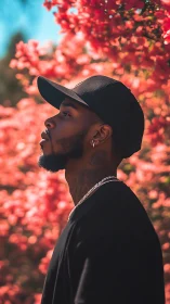 Side-profile portrait in shallow depth beneath blooming pink canopy