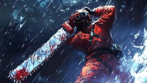 Storm-lit chainsaw warrior strides forward through the rain