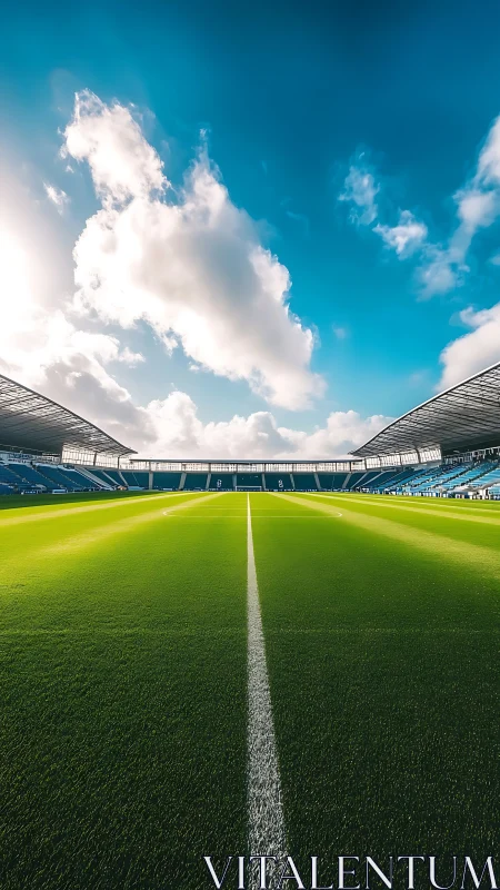 Empty football stadium pitch under daytime clouded sky.