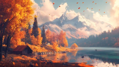 Autumn lakeside cabin beneath sunlit snowcapped peaks.