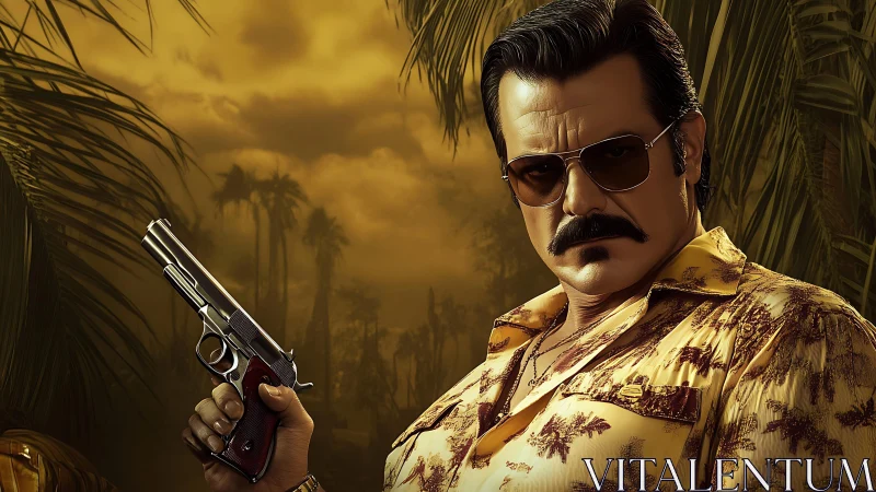 Man with handgun in tropical setting under yellow sky.