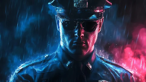 Police officer portrait in split blue and red lighting.