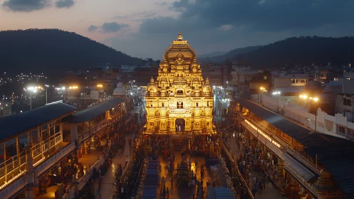 Golden hilltop temple glowing over twilight pilgrim avenues.