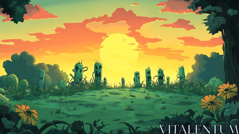 Cartoon sunset graveyard in overgrown green meadow.