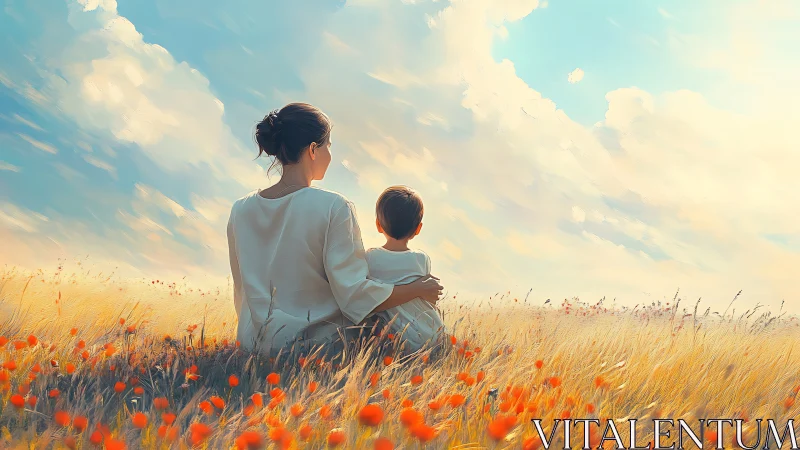 Mother and child sharing quiet sunshine in a wildflower field.