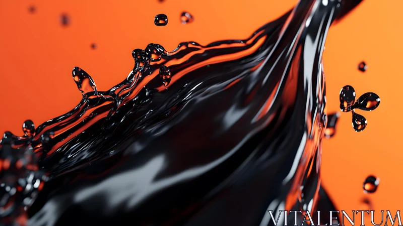 Dynamic Splash of Black Liquid on Vibrant Orange Background.