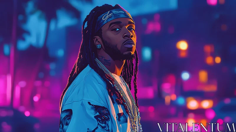 Neon-lit street portrait blends urban attitude and digital glow