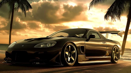 Black widebody tuner car glows under tropical sunset sky.