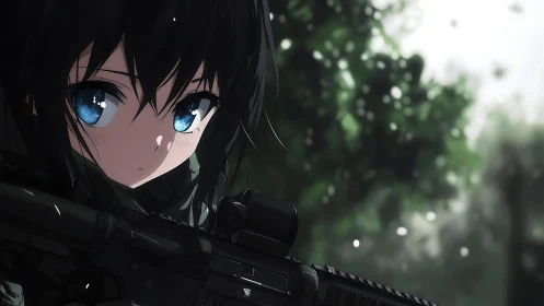 Silent anime sniper girl with luminous blue eyes poised.
